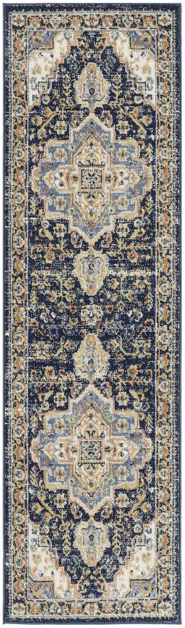Close-up of Nourison Essentials Persian Navy Vintage Area Rug. Features a detailed traditional design in navy, beige, and orange hues.