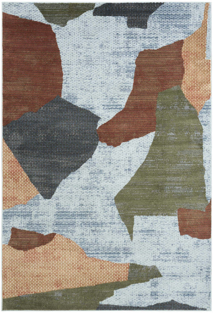 Close-up of Nourison Nordic Blue Multicolor rug. Modern design with blue, brown, green, and orange geometric shapes.