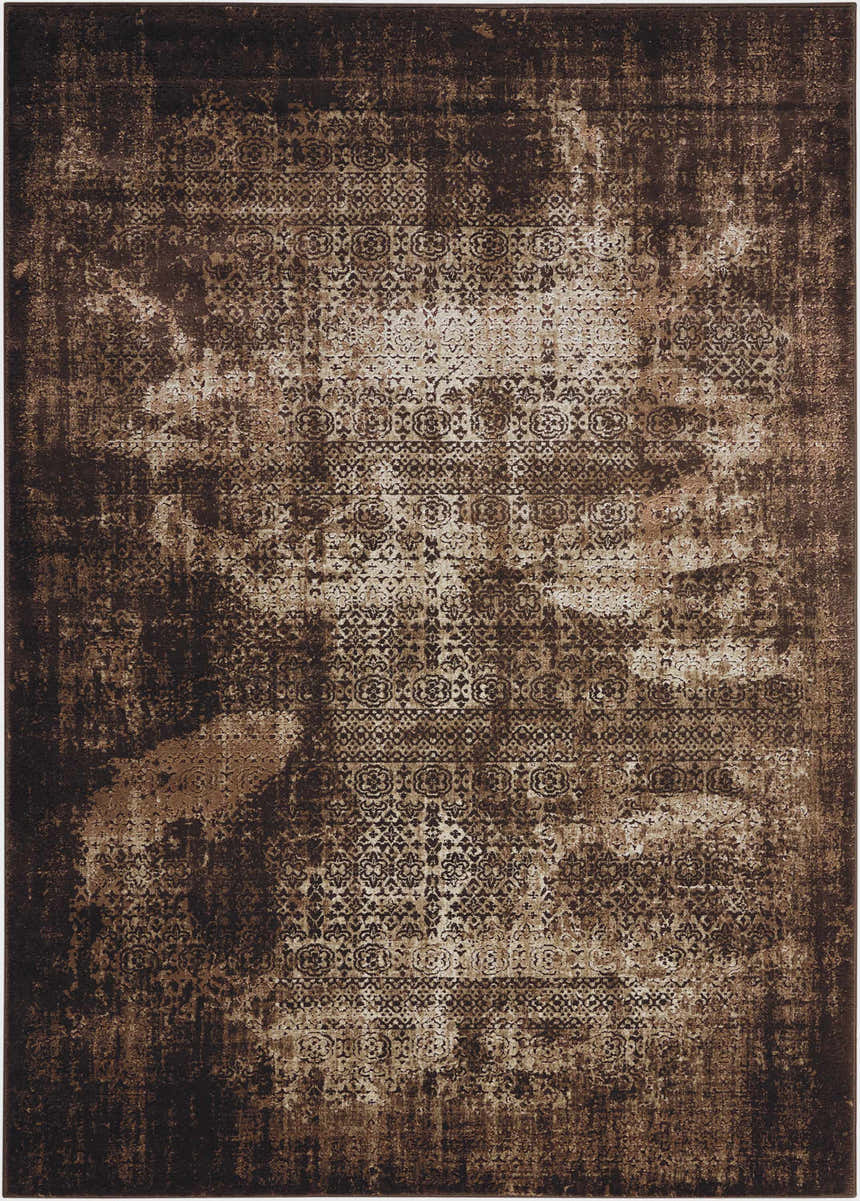 Close-up of the Nourison Karma Latte Vintage Indoor Area Rug, featuring a distressed floral pattern in shades of brown and beige.