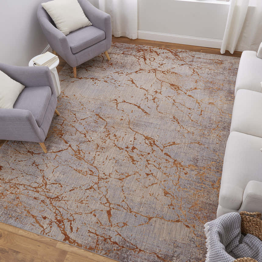 Living room with gray chairs and white sofa featuring Feizy Pryor Gold/Brown/Gray Area Rug. Roomscene-Rectangle