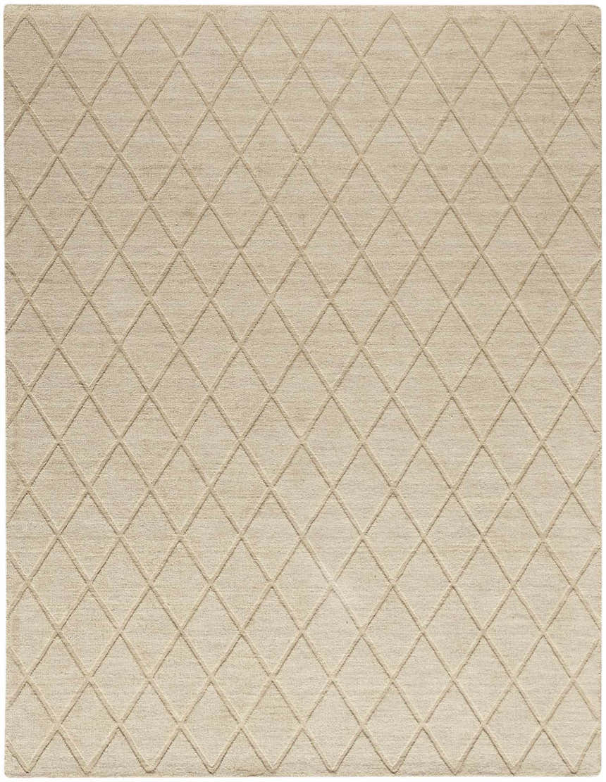 Close-up of the Nourison Wool Haven Beige rug, showcasing its diamond pattern and soft, textured pile.