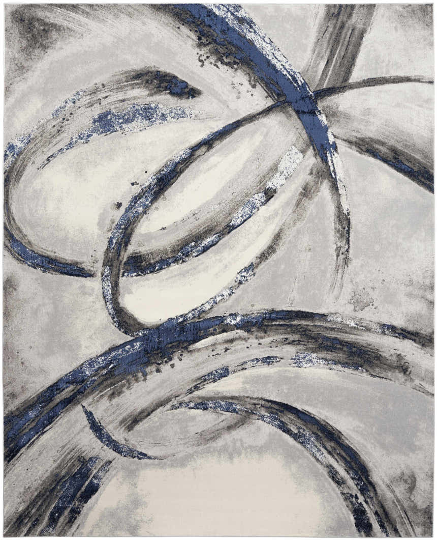 Close-up of the Nourison Splash Grey Navy rug, featuring a swirling abstract design in gray, navy, and white.