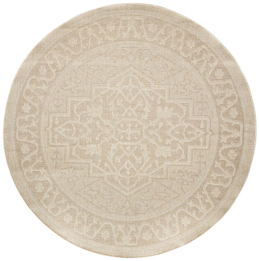 Close-up of a round Nourison Tulum Cream Outdoor Area Rug featuring a geometric pattern and textured pile.