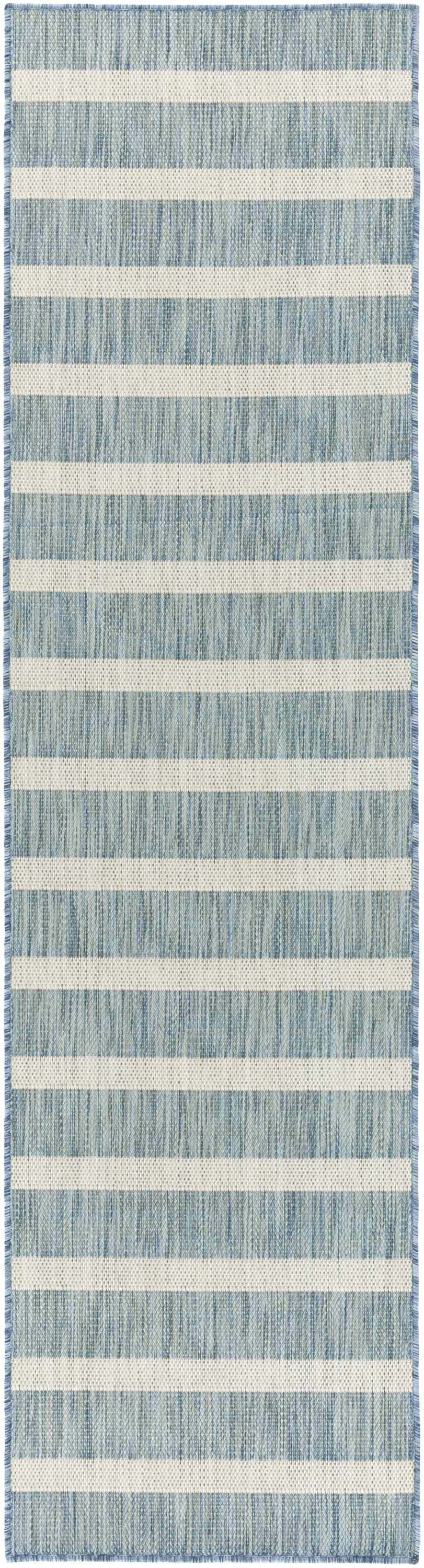 Close-up of Nourison Positano Aqua Ivory rug featuring a striped pattern and textured weave.
