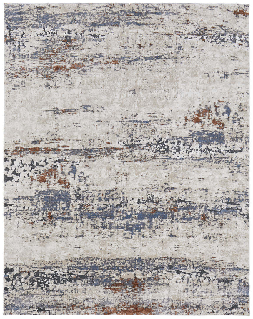 Close-up of Feizy Gilmore Modern Abstract rug. Ivory, blue, and gray distressed pattern. Casual, contemporary style. Design-Rectangle
