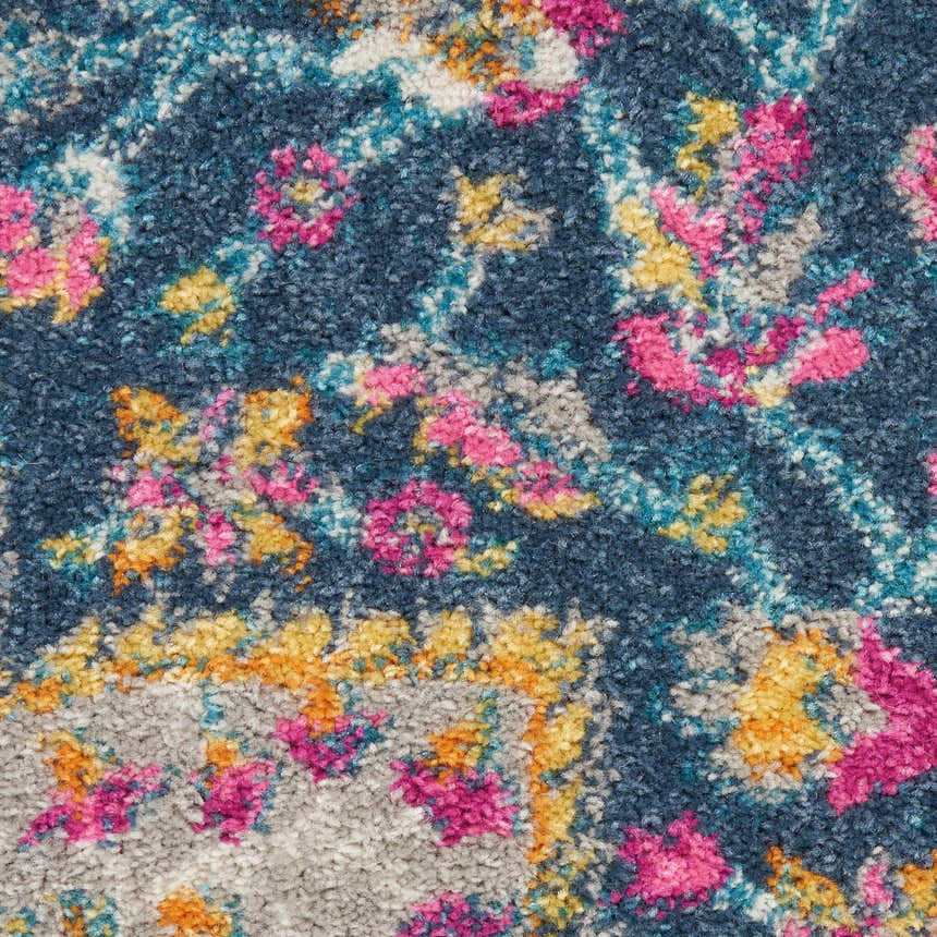 Close-up of Nourison Passion Multicolor Farmhouse rug, showing floral pattern in pink, yellow, blue, and gray.