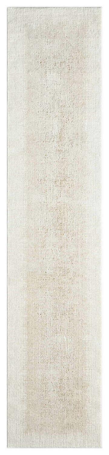 Close-up of DKNY Grand Street Ivory Beige rug. Modern runner with subtle chestnut accents and textured pile.