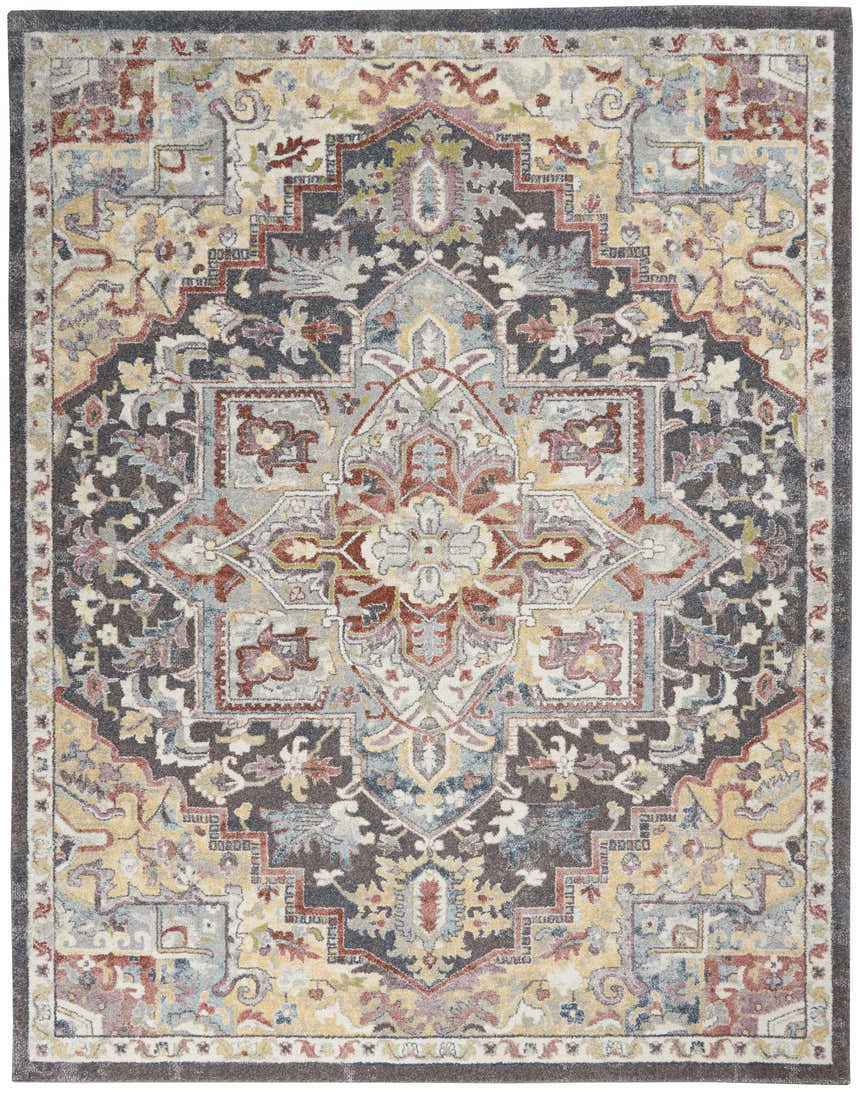 Detailed Nourison Soraya Charcoal Multi rug. Colorful, traditional pattern with taupe, red, yellow, and gray hues.