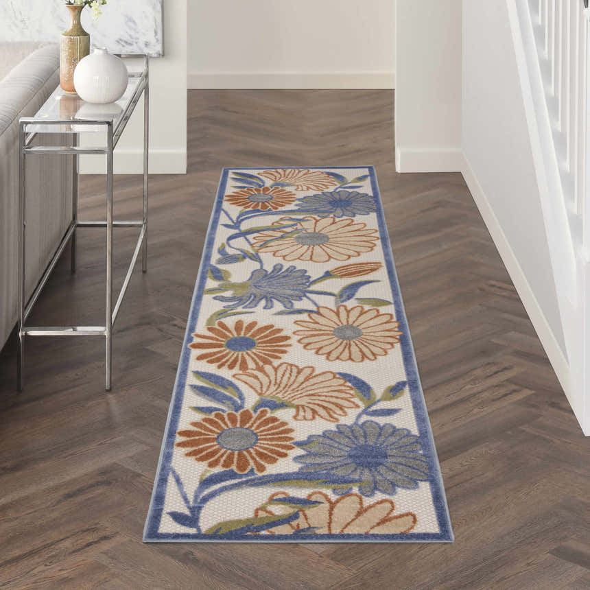 Hallway with Nourison Aloha Beige Multicolor rug runner featuring a floral pattern.