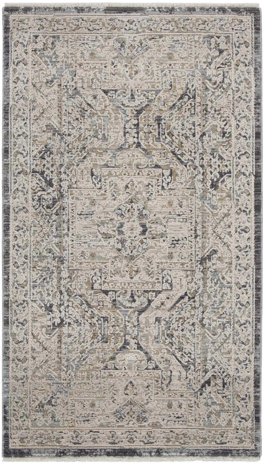 Close-up of the Nourison Lynx Ivory Charcoal Vintage Indoor Area Rug, showcasing its taupe colors and vintage design.