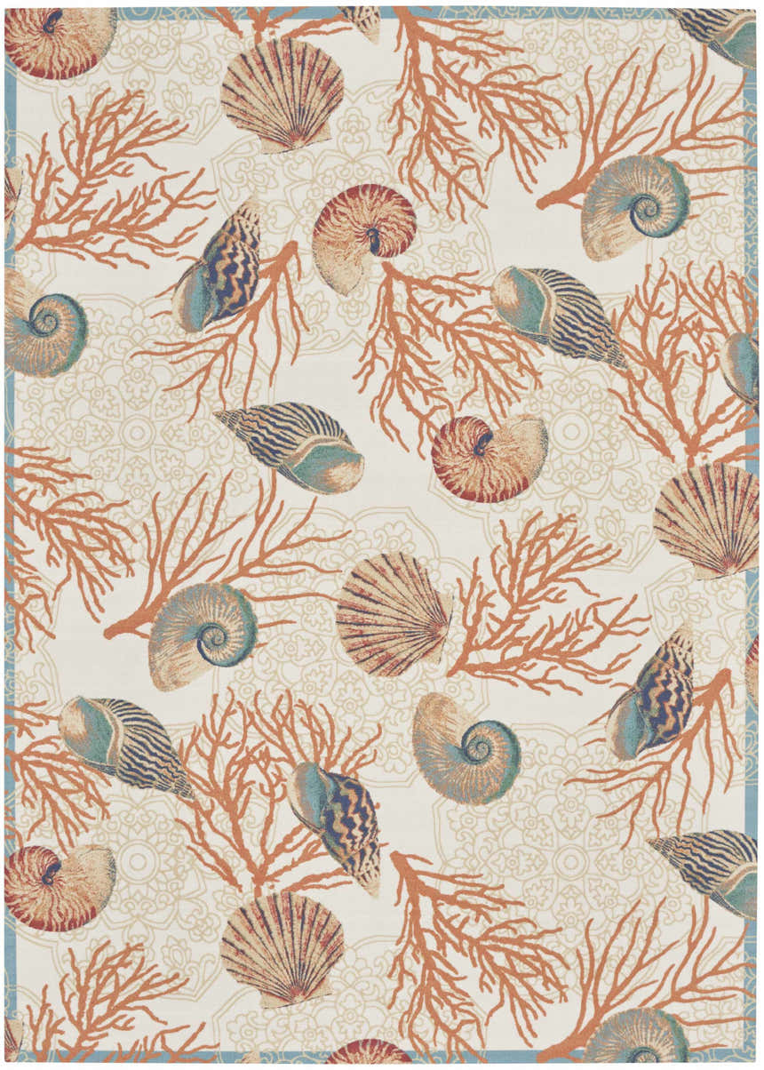 Close-up of Waverly Sun N' Shade Ivory Multicolor Coastal Area Rug with seashells and coral on an ivory background.