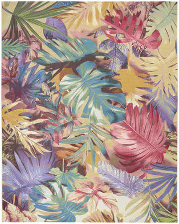 Close-up of the Nourison Color Splash Multicolor Tropical Area Rug featuring a colorful leaf pattern.