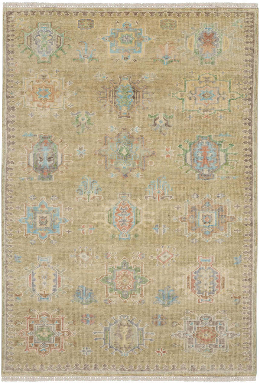 Handmade Nourison Odessa Sage Vintage Area Rug with muted sage, charcoal, blue, and coral geometric patterns.