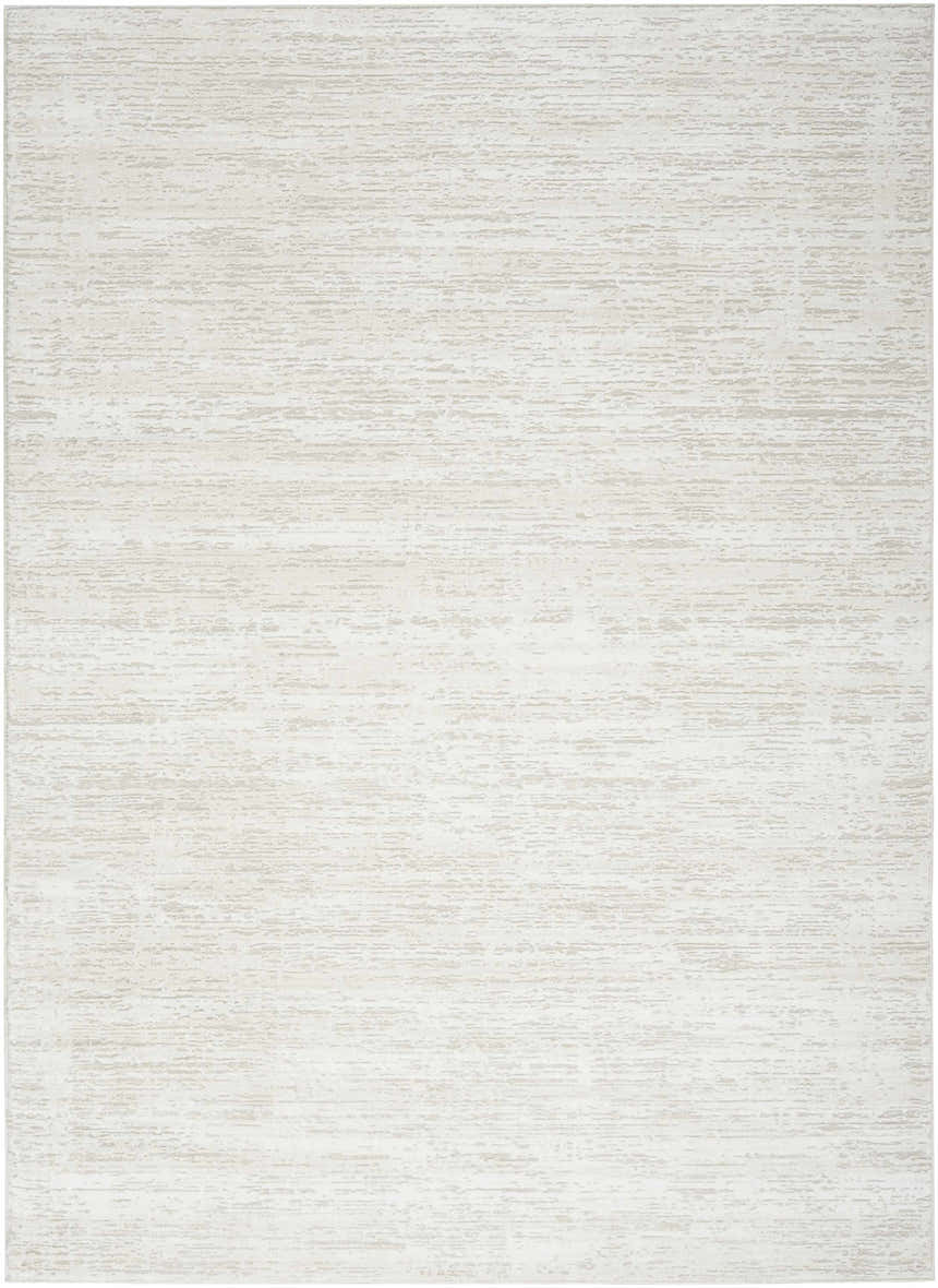 Close-up of the Nourison Dew Ivory Beige rug showing its subtle, textured low pile and modern design.