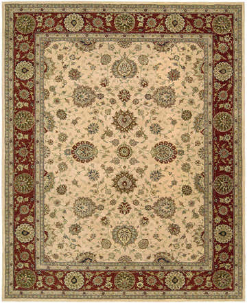 Close-up of the Nourison 2000 Ivory Persian Area Rug. Handmade wool rug with chestnut border and floral pattern.