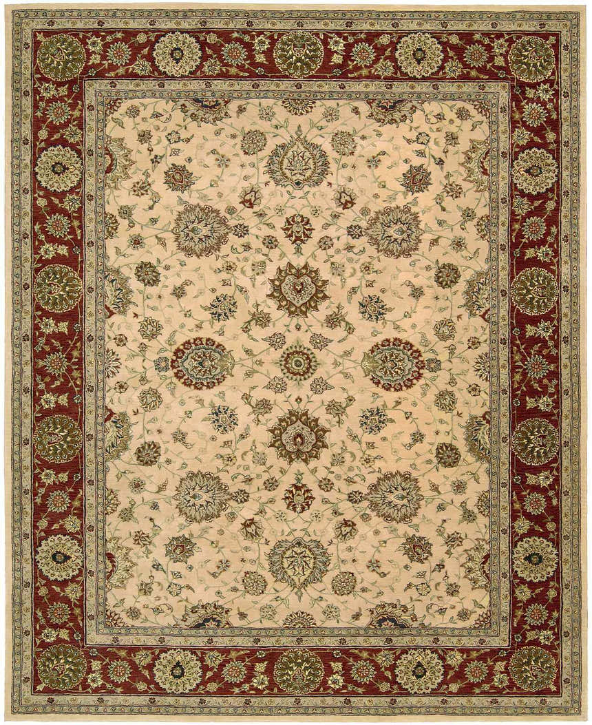 Close-up of the Nourison 2000 Ivory Persian Area Rug. Handmade wool rug with chestnut border and floral pattern.