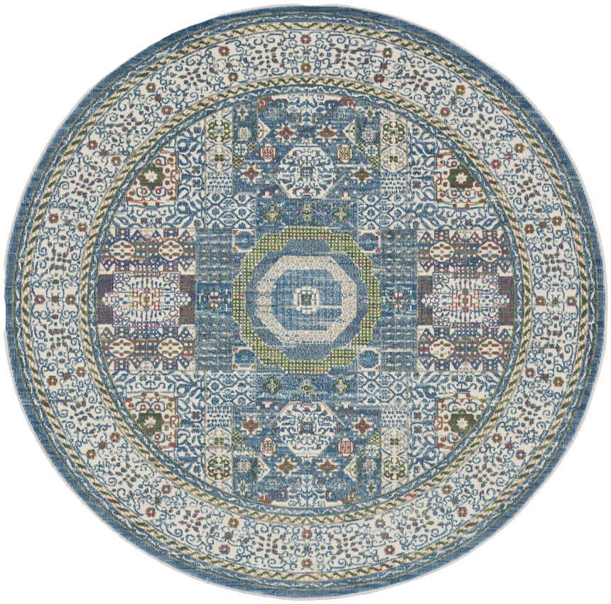 Close-up of the round Nourison Ankara Global rug. Ivory and light blue bohemian pattern with chestnut accents.