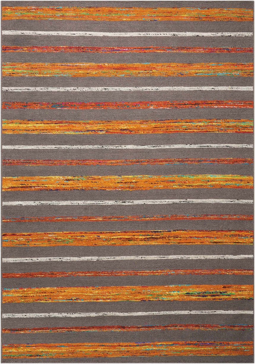Close-up of Nourison Spectrum Grey Flame rug featuring a striped pattern with orange, white, and gray hues.
