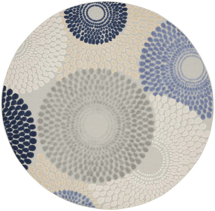 Round Nourison Aloha Blue Grey rug with a mid-century modern floral pattern in shades of blue, gray, and cream.