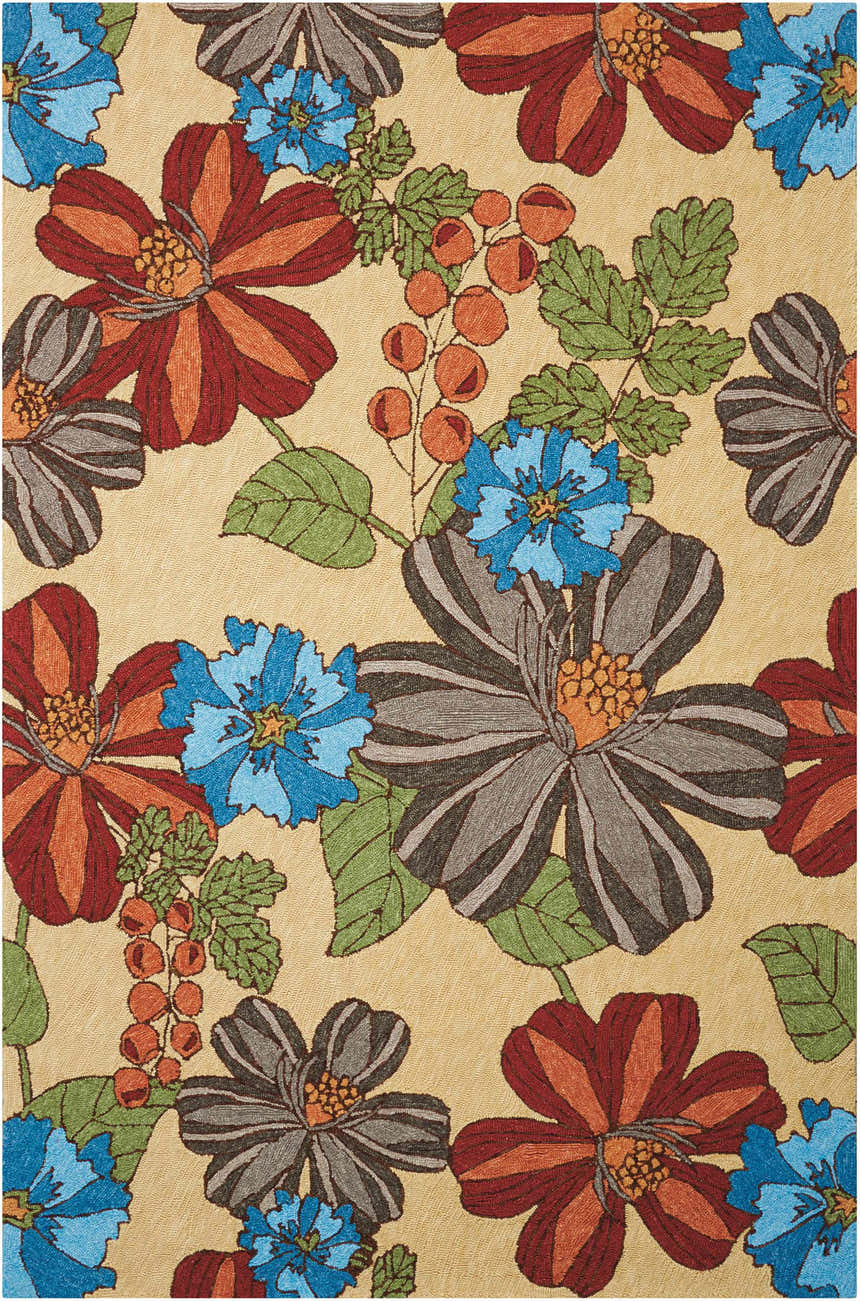 Close-up of Nourison South Beach Sand Area Rug. Sandstone background with red, blue, and gray floral pattern. Handmade rug texture.