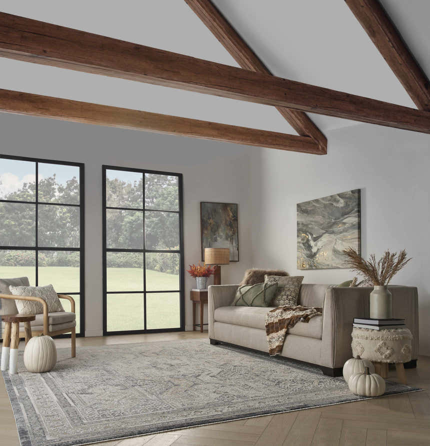 Living room scene with a Nourison Lynx Ivory Charcoal Vintage rug, sofa, chair, and wood beams.