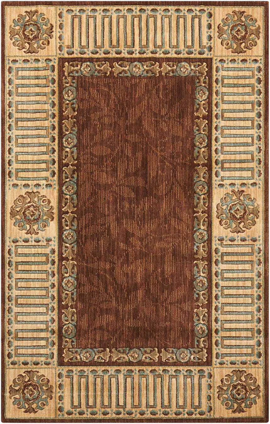 Close-up of the Nourison Vallencierre Brown Vintage Area Rug, featuring a dark brown center and a geometric, floral border.