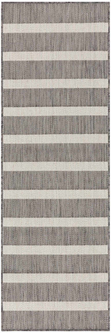 Close-up of the textured Nourison Positano Charcoal Ivory rug with horizontal taupe and ivory stripes.