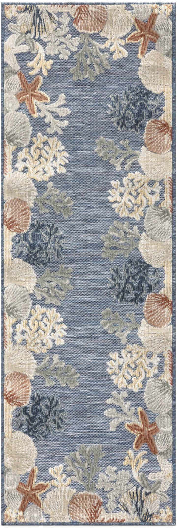 Close-up of Nourison Suncoast Denim Multicolor rug. Coastal design with seashells, coral, and starfish on a denim blue background.