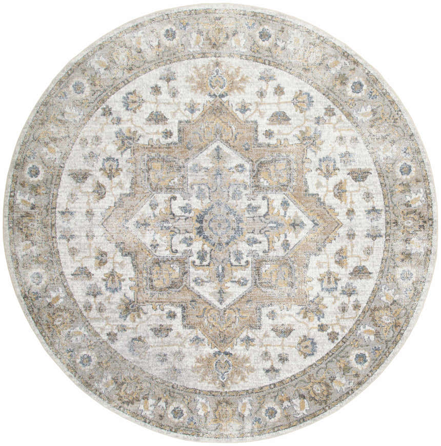 Round Nourison Astra Silver Grey rug with vintage floral medallion pattern. Washable area rug.