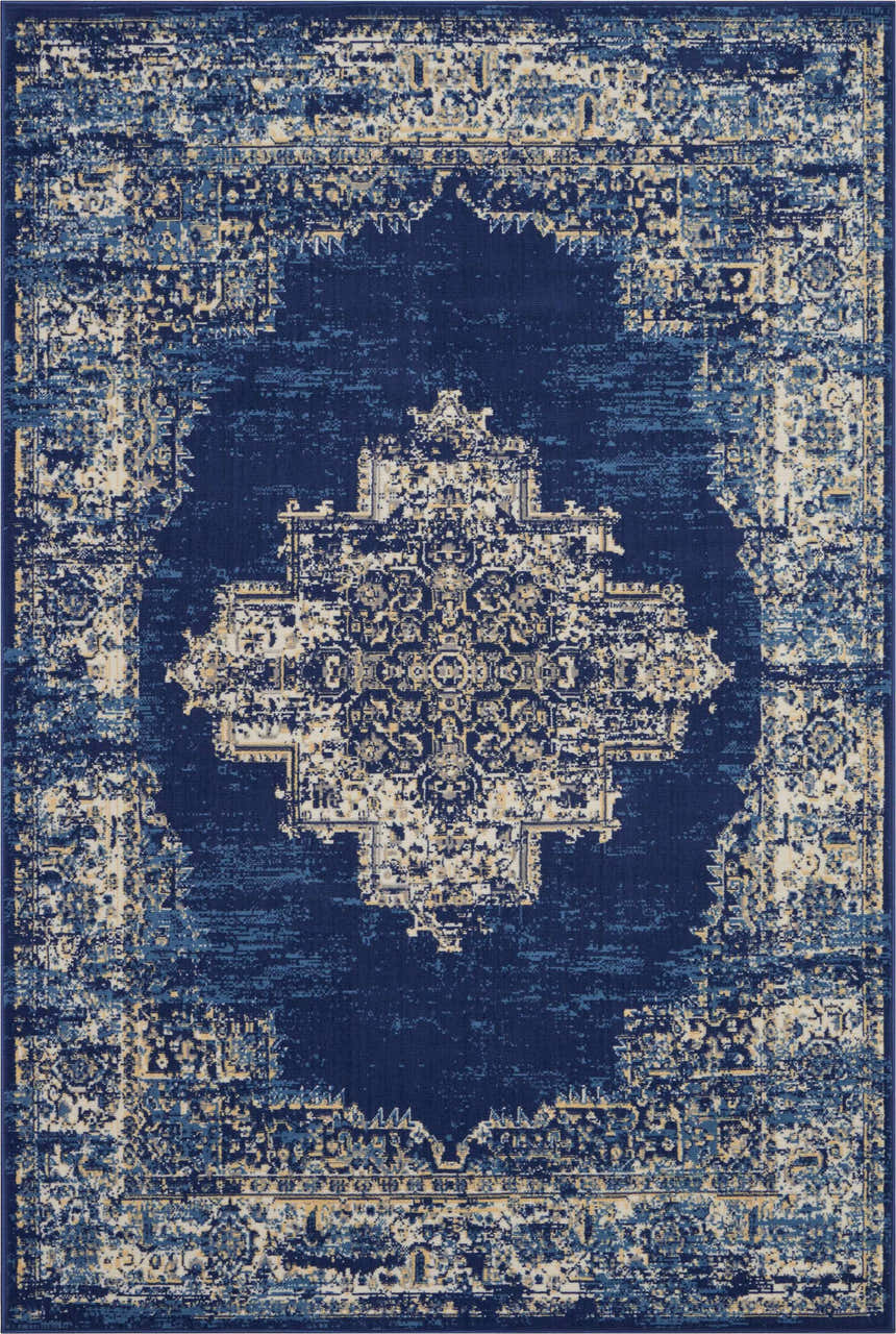 Close-up of the Nourison Grafix Navy Blue Vintage Indoor Area Rug with a central medallion and distressed, ornate border.