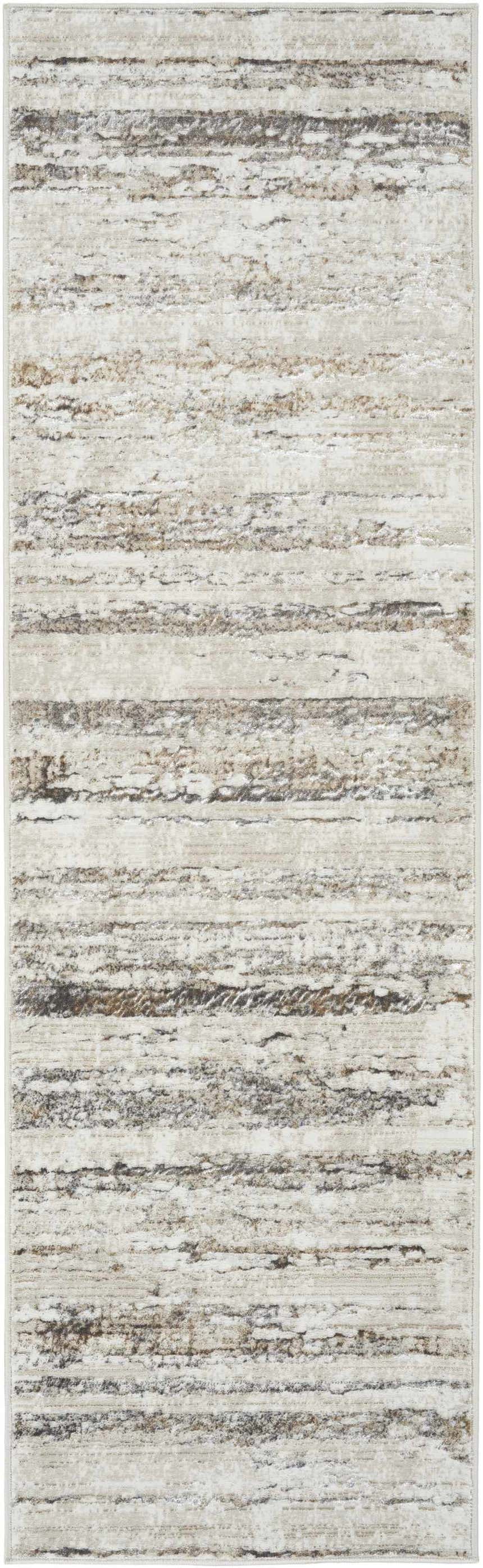 Close-up of Nourison Glitz Cream Gray rug showing horizontal striations in cream, gray, and brown tones.