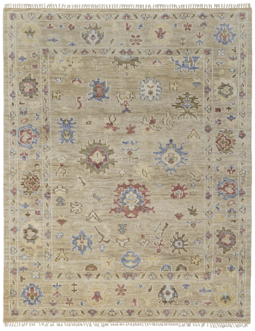 Hand knotted Feizy Fillmore rug in brown, tan, and blue. Wool rug with floral and botanical transitional design. Design-Rectangle