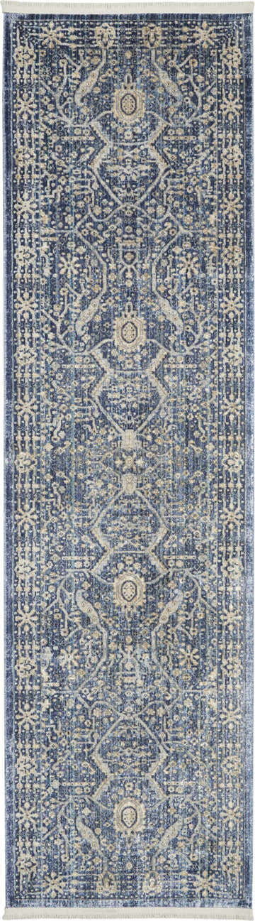 Close-up of Nourison Lustrous Weave Blue Vintage runner rug. Features a distressed, ornate pattern in light blue and beige.