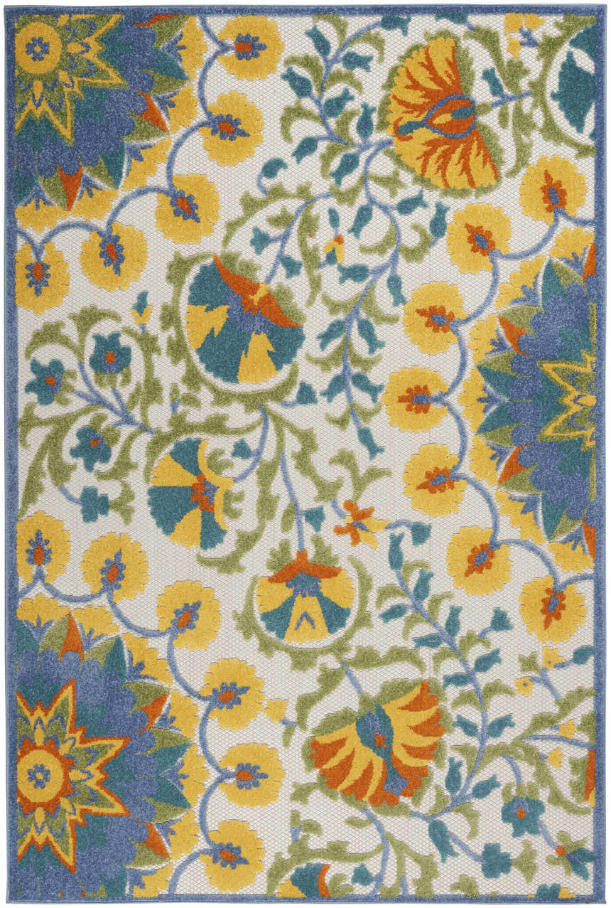 Close-up of the Nourison Aloha Multicolor rug with a floral pattern in yellow, blue, green, and orange on a cream background.