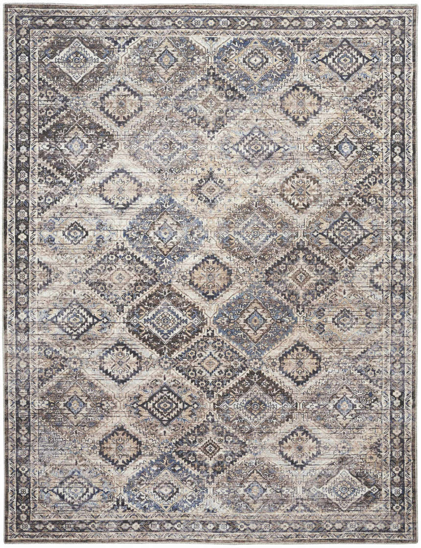 Detailed Nourison New Concept Ivory Latte Vintage Area Rug with chestnut, blue, and ivory diamond pattern.