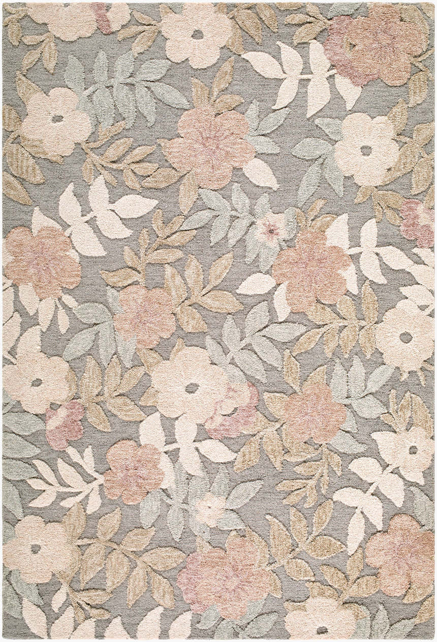 Close-up of the Ettenheim Area Rug. Floral design in cream, rose, sage, and taupe on a slate gray background. Hand-tufted wool texture. Design-Rectangle-576