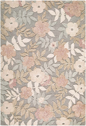 Close-up of the Ettenheim Area Rug. Floral design in cream, rose, sage, and taupe on a slate gray background. Hand-tufted wool texture. Design-Rectangle-576
