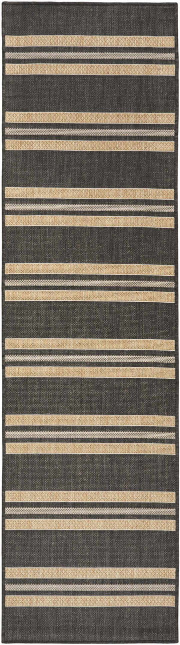 Close-up of Nourison Horizon charcoal rug. Modern design with taupe stripes, machine-made texture.
