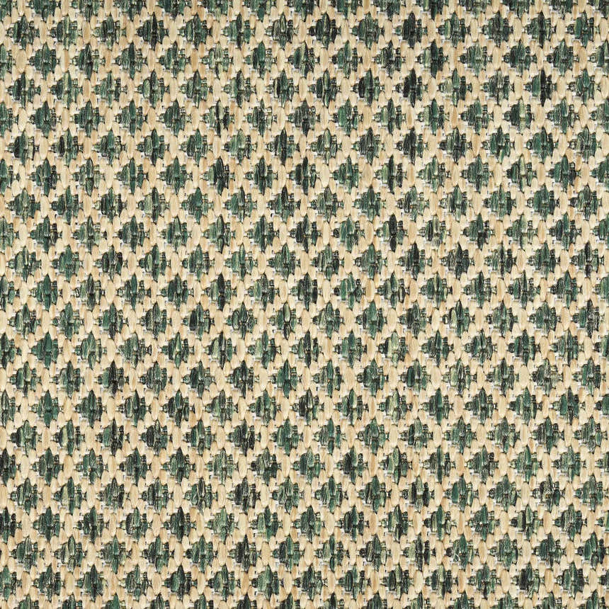 Close-up of Nourison Courtyard Green Modern Area Rug showing woven texture and diamond pattern in green and beige.