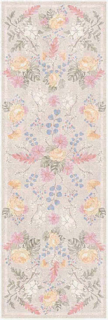 Close-up of Nourison Botanical Beige Multicolor rug. Farmhouse style with floral pattern in beige, pink, blue, and yellow.