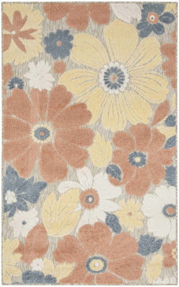 Close-up of the Nourison Aloha Rose Modern Area Rug featuring pink, yellow, white, and blue floral pattern.
