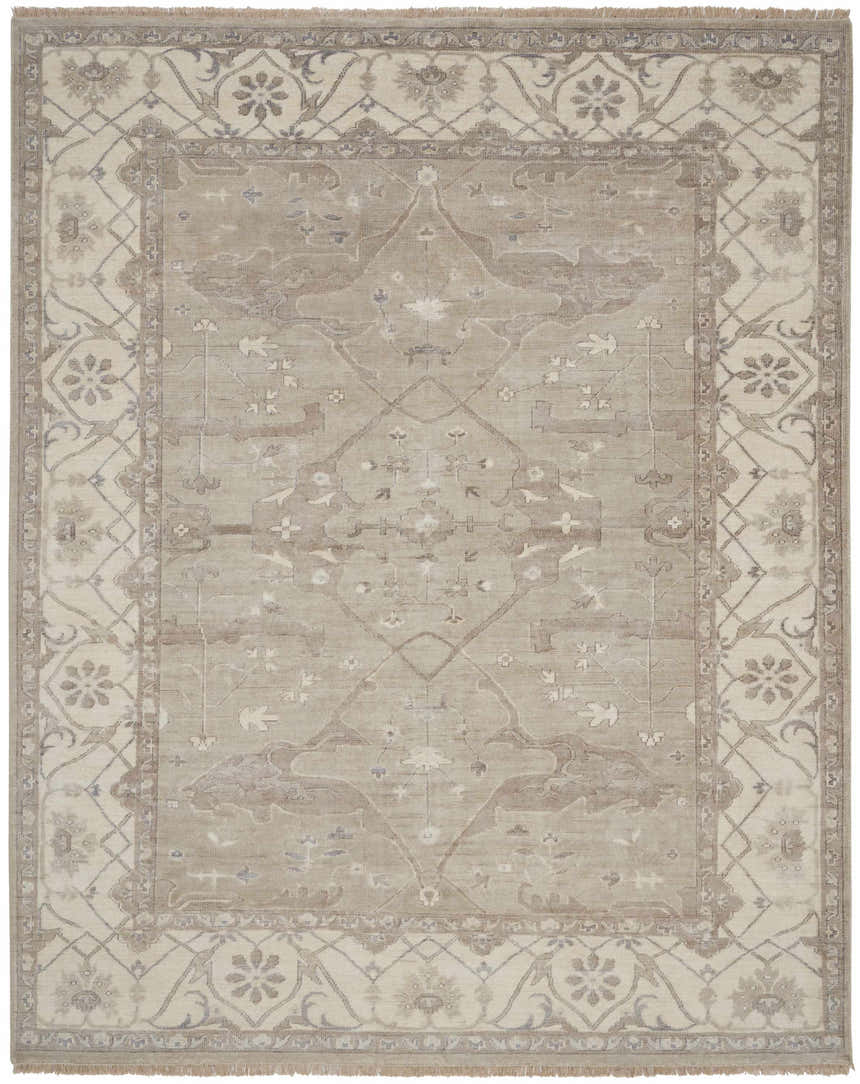 Detailed Nourison Aldora Silver Vintage Area Rug. Bamboo silk-like fiber with a floral and geometric vintage pattern.