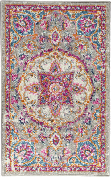 Detailed view of the Nourison Passion Grey Multicolor Transitional Area Rug. Features a floral medallion pattern in gray, pink, blue, and orange.