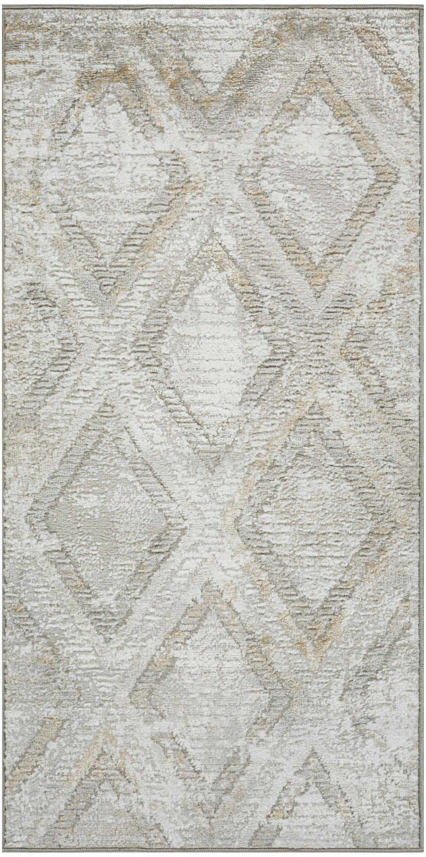 Close up of the Nourison Dekor Grey area rug, featuring a diamond pattern and high pile texture.