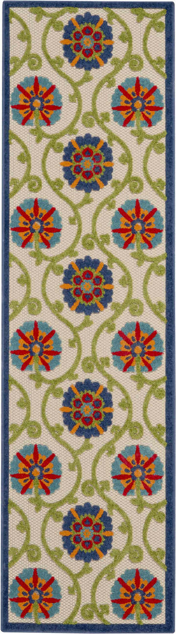 Close-up of Nourison Aloha Blue Multicolor rug showing floral pattern, blue border, and green vine design.