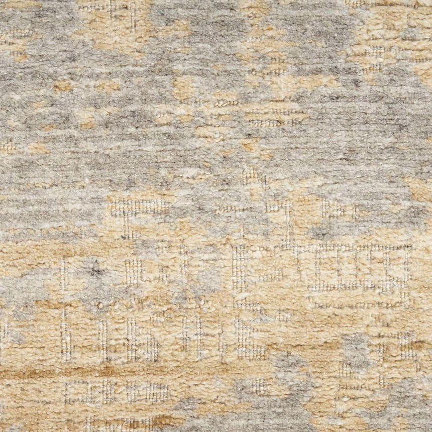 Close-up of the Nourison Harmony Grey Gold rug showing texture, wool blend, and mid-century modern design.