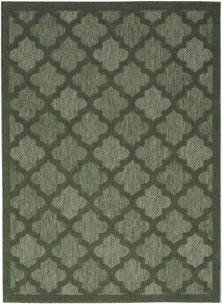 Close-up of a Nourison Easy Care Green Modern Area Rug featuring a quatrefoil trellis pattern.