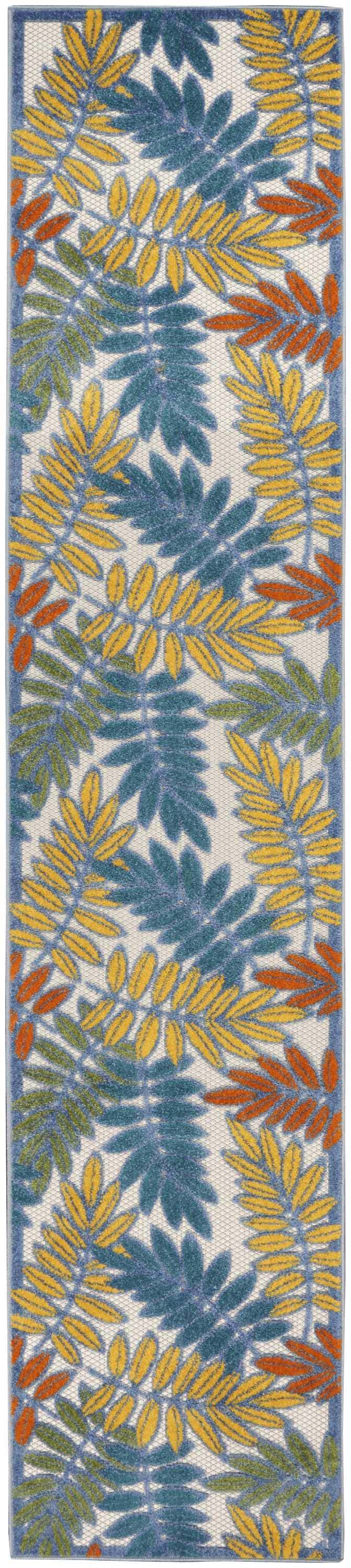 Close-up of Nourison Aloha Ivory Multicolor Tropical Area Rug with chestnut, yellow, and green leaves.