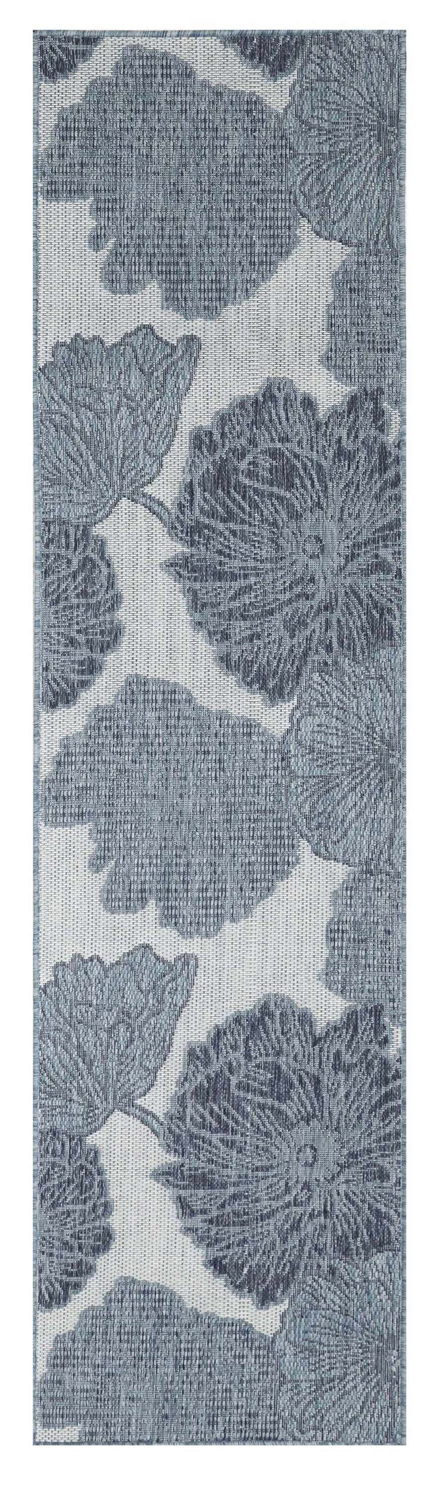 Close-up of the Nourison Garden Oasis Blue Tropical Area Rug featuring a woven texture and light blue floral pattern.