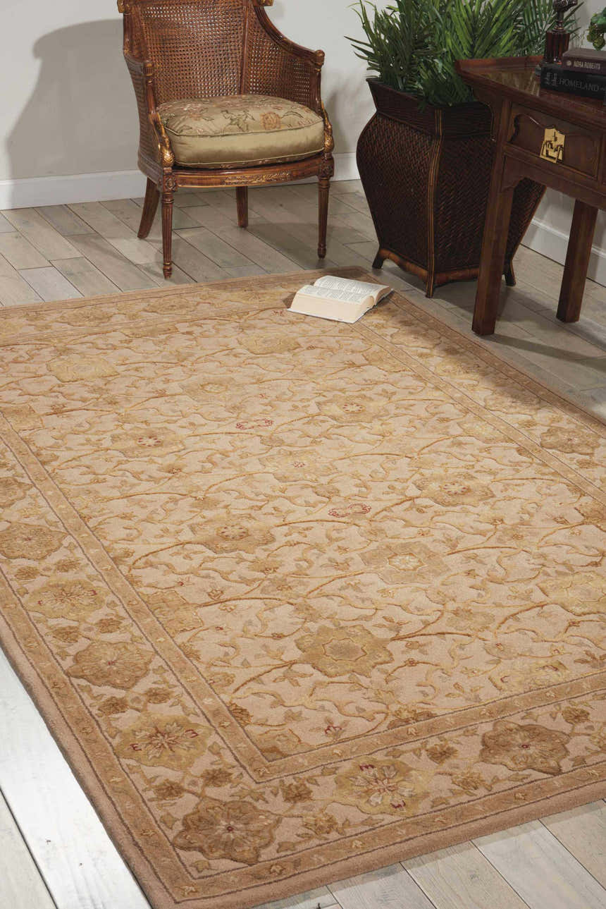 Living room scene with beige Nourison 3000 Persian rug, wood floors, cane chair, and side table with plant.